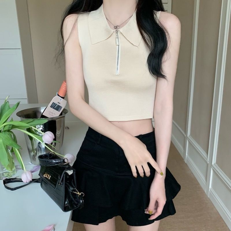 Jiashucheng Áo Dệt Kim Không Tay Dáng Ôm Ngắn Hở Rốn Phong Cách Mới Mặc Ngoài Trời Mùa Hè