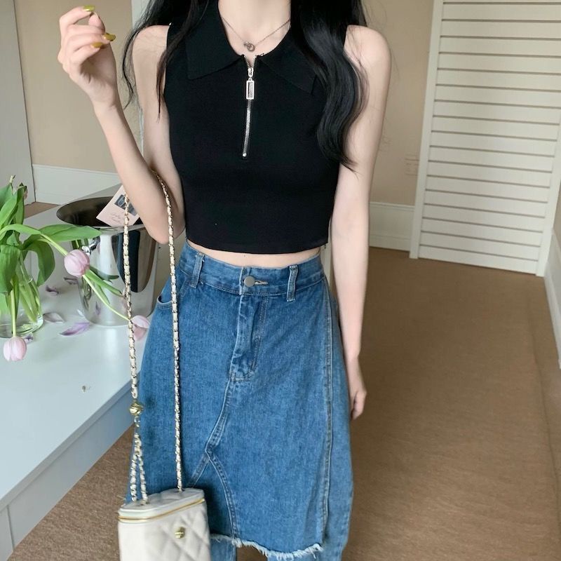 Jiashucheng Áo Dệt Kim Không Tay Dáng Ôm Ngắn Hở Rốn Phong Cách Mới Mặc Ngoài Trời Mùa Hè