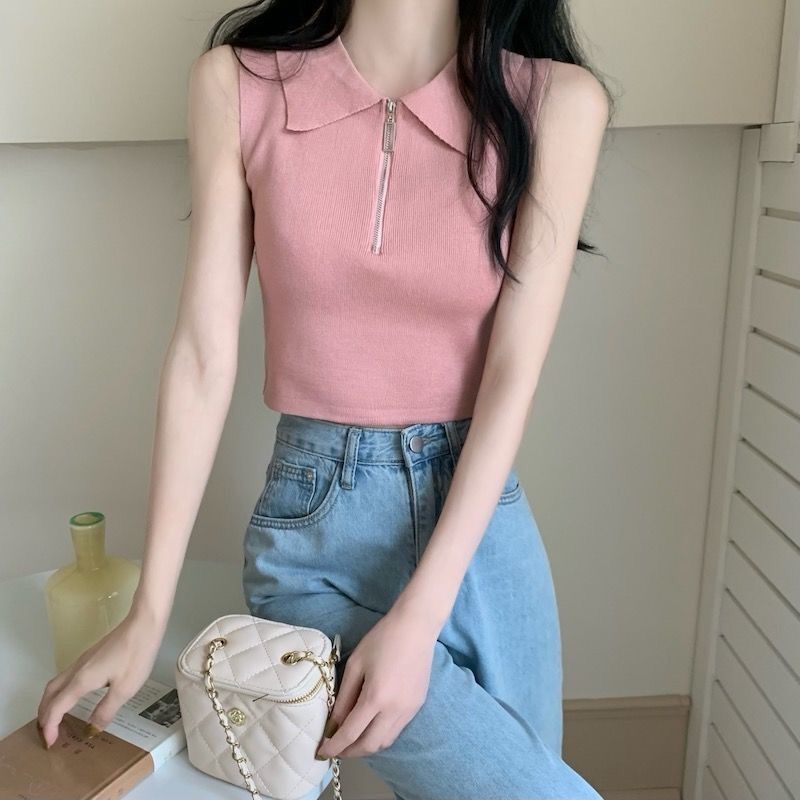 Jiashucheng Áo Dệt Kim Không Tay Dáng Ôm Ngắn Hở Rốn Phong Cách Mới Mặc Ngoài Trời Mùa Hè