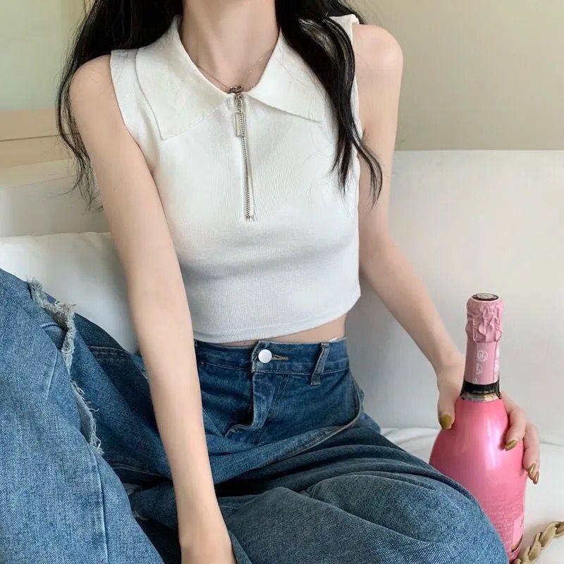 Jiashucheng Áo Dệt Kim Không Tay Dáng Ôm Ngắn Hở Rốn Phong Cách Mới Mặc Ngoài Trời Mùa Hè