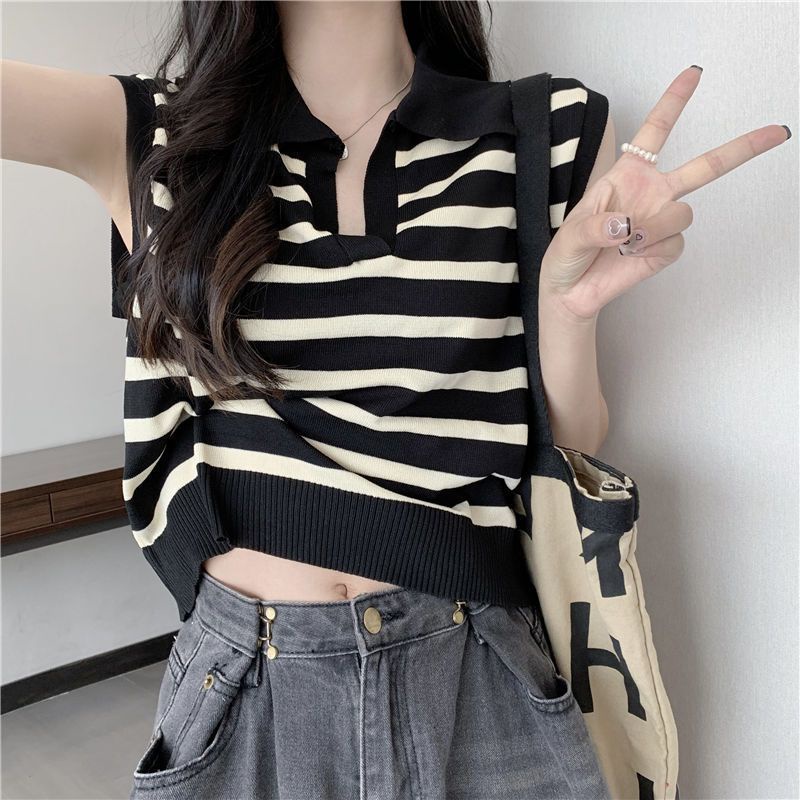 Jiashucheng Áo Thun Không Tay Dáng Rộng Ngắn Kẻ Sọc Ngang Cổ Bẻ Phong Cách Spicy Ngọt Ngào Dễ Phối Đồ Cho Nữ