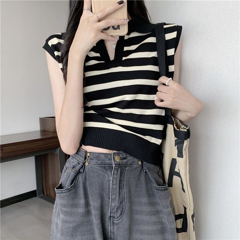 Jiashucheng Áo Thun Không Tay Dáng Rộng Ngắn Kẻ Sọc Ngang Cổ Bẻ Phong Cách Spicy Ngọt Ngào Dễ Phối Đồ Cho Nữ