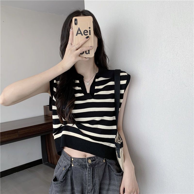 Jiashucheng Áo Thun Không Tay Dáng Rộng Ngắn Kẻ Sọc Ngang Cổ Bẻ Phong Cách Spicy Ngọt Ngào Dễ Phối Đồ Cho Nữ