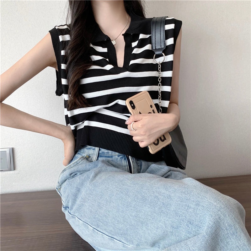 Jiashucheng Áo Thun Không Tay Dáng Rộng Ngắn Kẻ Sọc Ngang Cổ Bẻ Phong Cách Spicy Ngọt Ngào Dễ Phối Đồ Cho Nữ
