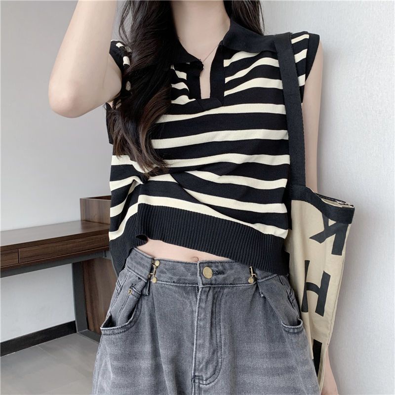 Jiashucheng Áo Thun Không Tay Dáng Rộng Ngắn Kẻ Sọc Ngang Cổ Bẻ Phong Cách Spicy Ngọt Ngào Dễ Phối Đồ Cho Nữ