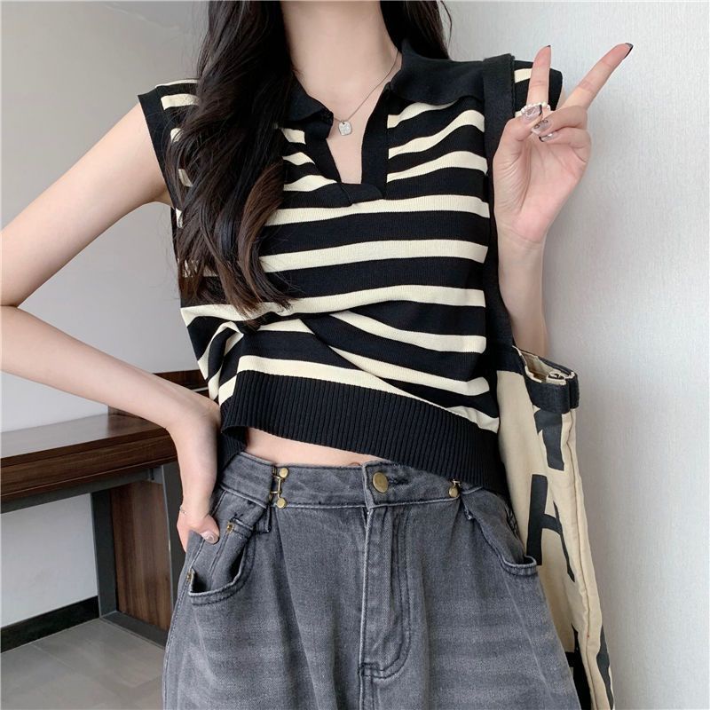 Jiashucheng Áo Thun Không Tay Dáng Rộng Ngắn Kẻ Sọc Ngang Cổ Bẻ Phong Cách Spicy Ngọt Ngào Dễ Phối Đồ Cho Nữ