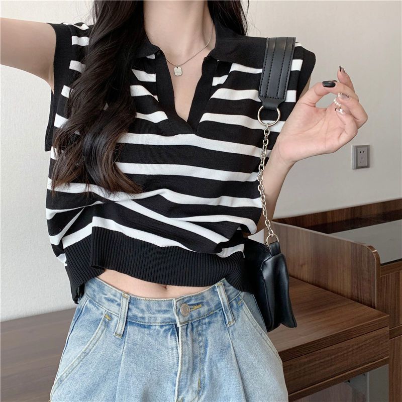 Jiashucheng Áo Thun Không Tay Dáng Rộng Ngắn Kẻ Sọc Ngang Cổ Bẻ Phong Cách Spicy Ngọt Ngào Dễ Phối Đồ Cho Nữ