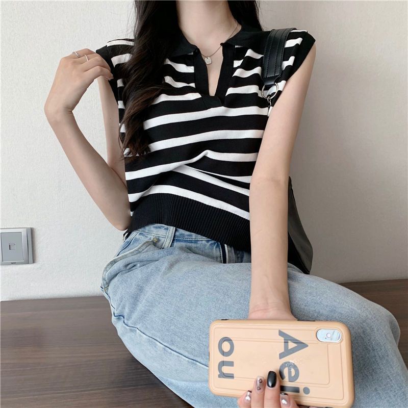 Jiashucheng Áo Thun Không Tay Dáng Rộng Ngắn Kẻ Sọc Ngang Cổ Bẻ Phong Cách Spicy Ngọt Ngào Dễ Phối Đồ Cho Nữ