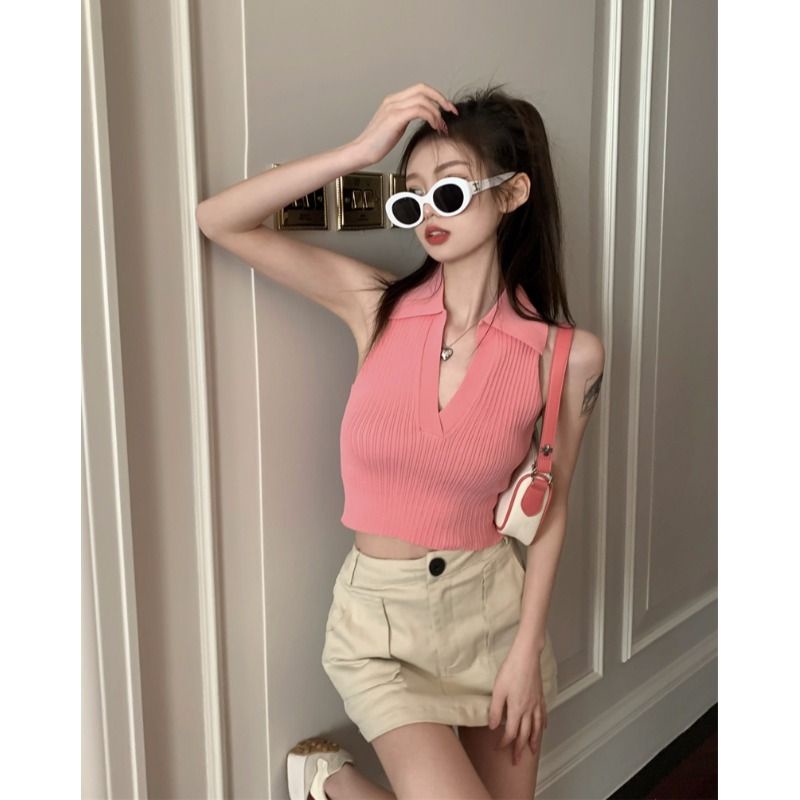 Jiashucheng Áo Dệt Kim Không Tay Cổ polo Thời Trang Mùa Hè Pháp Ngọt Ngào Dành Cho Nữ