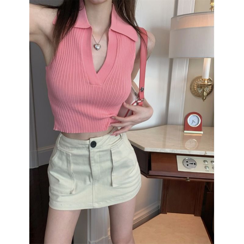 Jiashucheng Áo Dệt Kim Không Tay Cổ polo Thời Trang Mùa Hè Pháp Ngọt Ngào Dành Cho Nữ