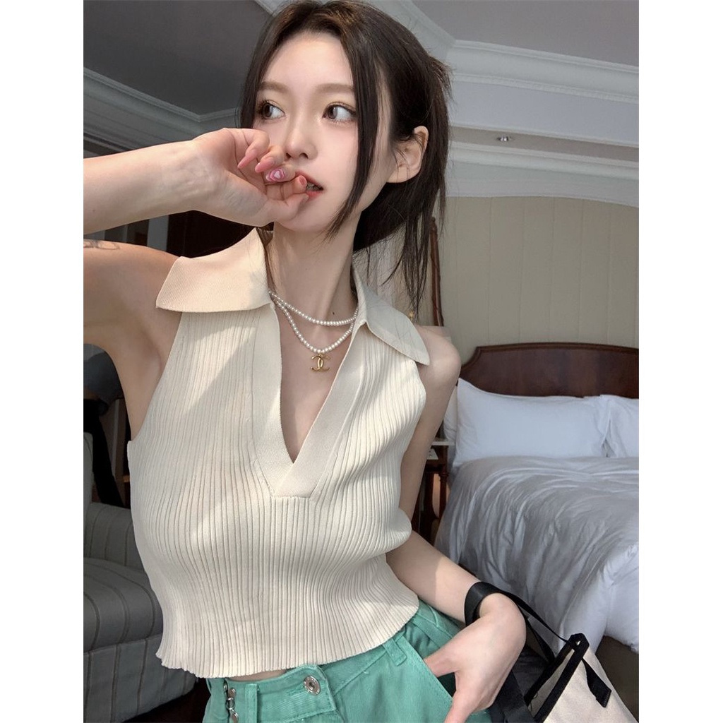 Jiashucheng Áo Dệt Kim Không Tay Cổ polo Thời Trang Mùa Hè Pháp Ngọt Ngào Dành Cho Nữ