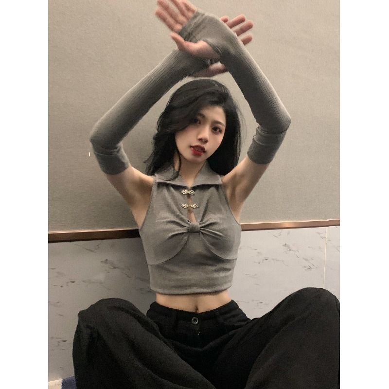 Jiashucheng Áo Không Tay Cổ polo Màu Xám Ngọt Ngào Phong Cách Mới Mùa Hè Cho Nữ