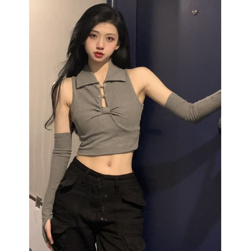 Jiashucheng Áo Không Tay Cổ polo Màu Xám Ngọt Ngào Phong Cách Mới Mùa Hè Cho Nữ