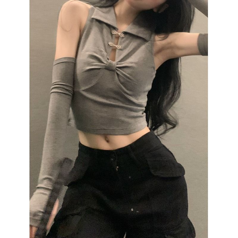 Jiashucheng Áo Không Tay Cổ polo Màu Xám Ngọt Ngào Phong Cách Mới Mùa Hè Cho Nữ