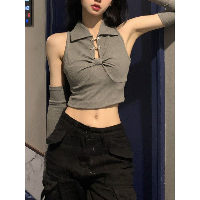 Jiashucheng Áo Không Tay Cổ polo Màu Xám Ngọt Ngào Phong Cách Mới Mùa Hè Cho Nữ
