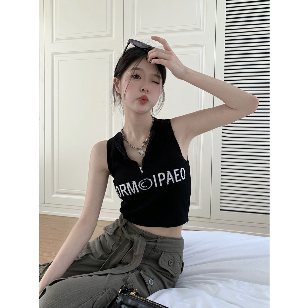 Jiashucheng Áo Hai Dây Ngắn Thêu Họa Tiết Có Khóa Kéo Phong Cách Retro Mỹ Thời Trang Mùa Hè Dành Cho Bạn Nữ Mặc Ngoài Trời