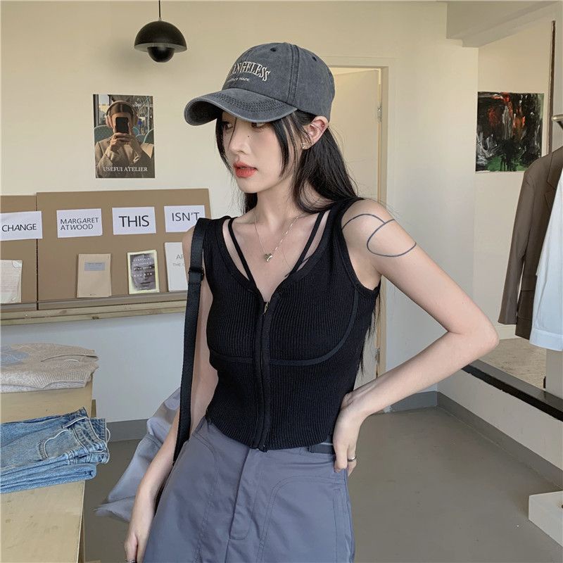 Jiashucheng Áo Dệt Kim Sát Nách Dệt Kim Dáng Ngắn Ôm Sát Hở Rốn Có Khóa Kéo Thời Trang Mùa Hè Cho Nữ