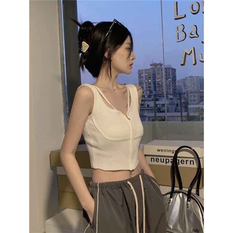 Jiashucheng Áo Dệt Kim Sát Nách Dệt Kim Dáng Ngắn Ôm Sát Hở Rốn Có Khóa Kéo Thời Trang Mùa Hè Cho Nữ