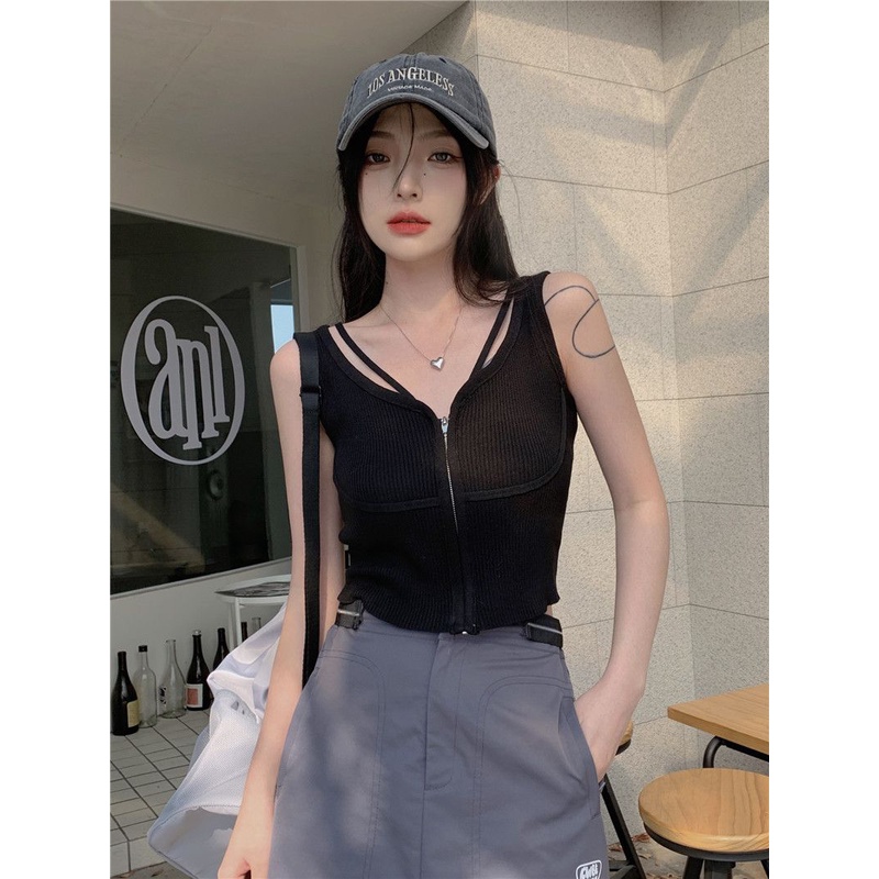 Jiashucheng Áo Dệt Kim Sát Nách Dệt Kim Dáng Ngắn Ôm Sát Hở Rốn Có Khóa Kéo Thời Trang Mùa Hè Cho Nữ