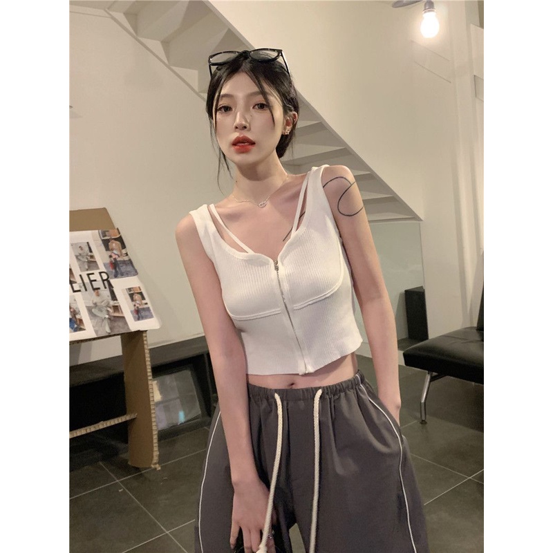 Jiashucheng Áo Dệt Kim Sát Nách Dệt Kim Dáng Ngắn Ôm Sát Hở Rốn Có Khóa Kéo Thời Trang Mùa Hè Cho Nữ