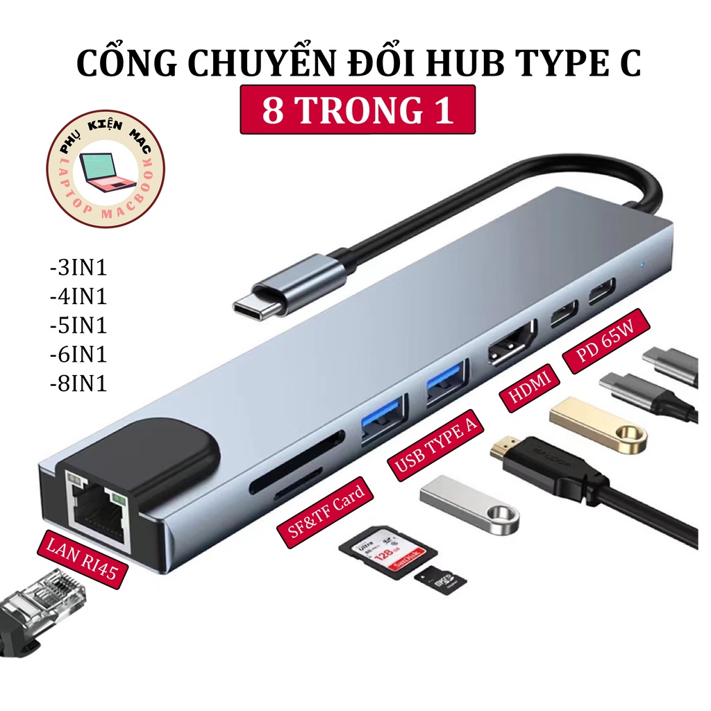 Hub Type C Và Hub USB 3.0 - Cổng Chuyển Đổi HUB USB Type-C - USB 3.0 to HDMI,USB 3.0,SD,TF,RJ45,PD Type-C Cho Laptop Táo