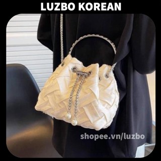 túi xách nữ trắng họa tiết đan xen [BESTSALE] túi xách tay chéo mini phối chuỗi ngọc siêu xinh LUZ7788A