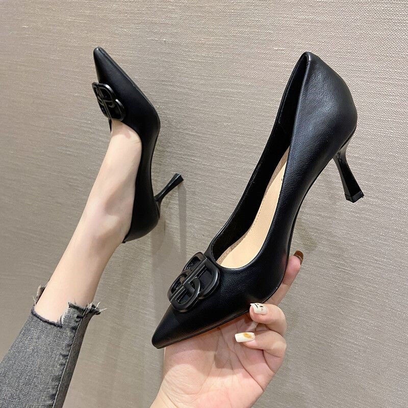 Giày Cao Gót Mũi Nhọn Màu Đen Phong Cách Pháp Thời Trang Xuân Thu 2022 Sang Trọng Cho Nữ