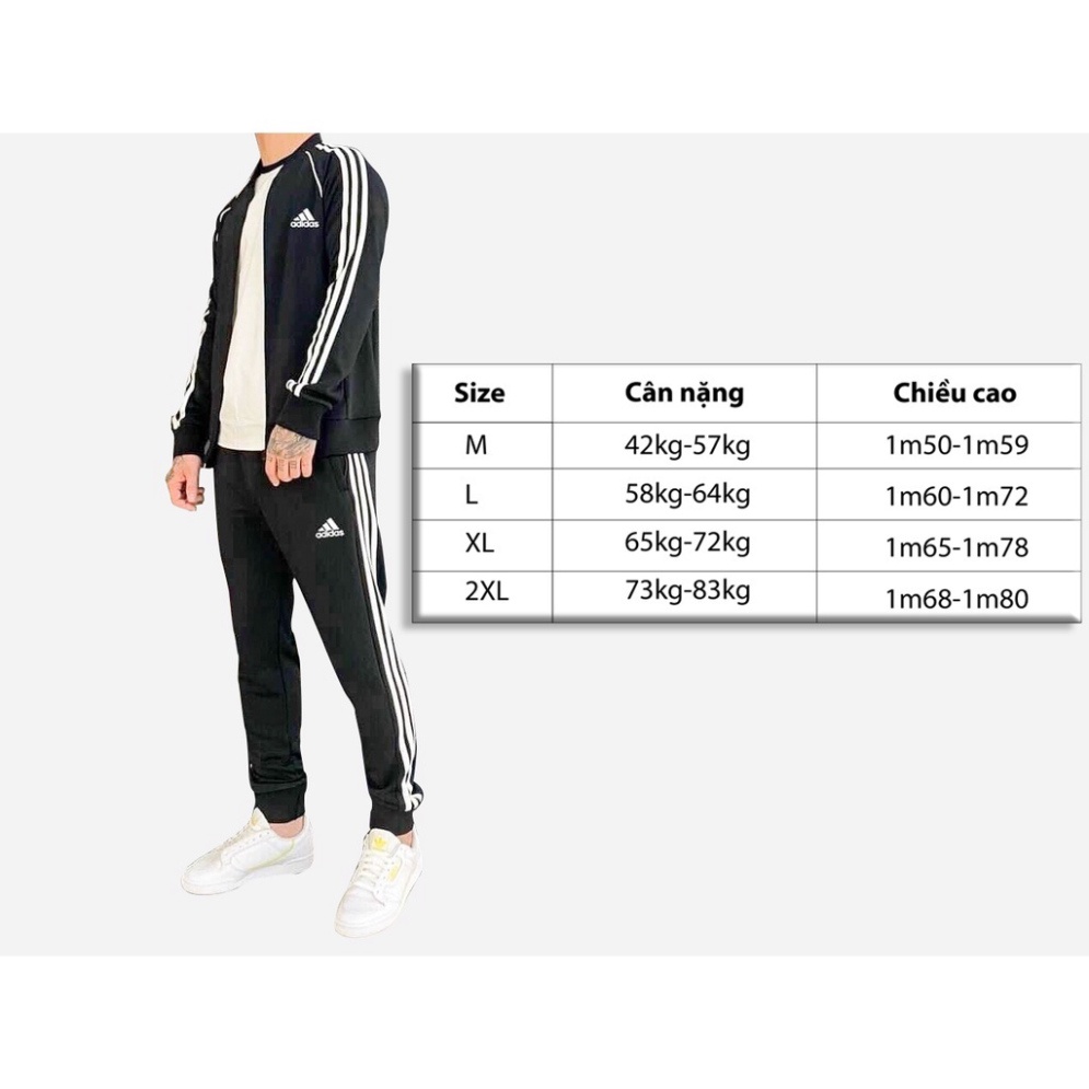 Quần áo thể thao nam nữ adidas thu đông cao cấp, bộ thể thao nam cổ bomber 3 màu cơ bản từ 45kg-75kg
