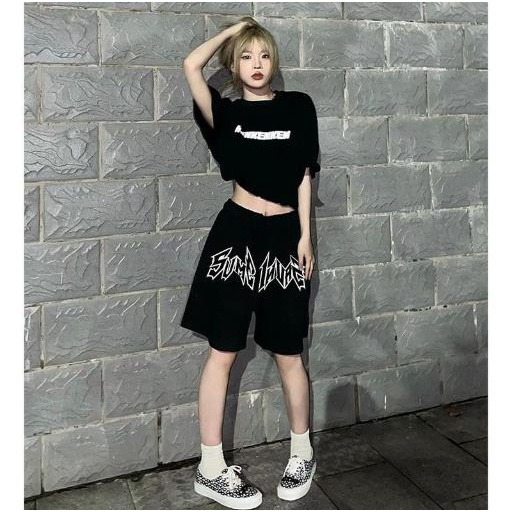 Jiashucheng Quần Short Thể Thao Màu Đen Lưng Cao Dáng Suông In Chữ Phong Cách Thời Trang Đường Phố Cho Nữ