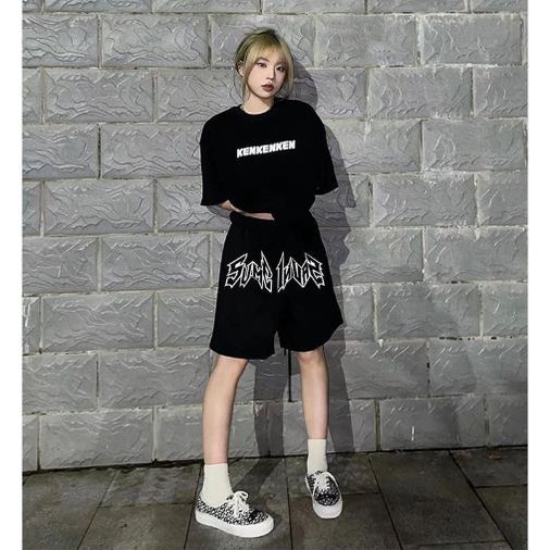 Jiashucheng Quần Short Thể Thao Màu Đen Lưng Cao Dáng Suông In Chữ Phong Cách Thời Trang Đường Phố Cho Nữ