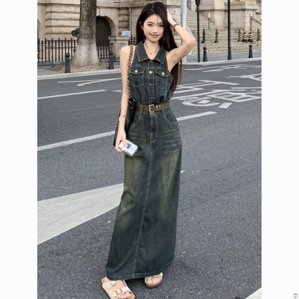 Đầm Denim Sát Nách Cổ polo Dáng Dài Ôm Eo Kiểu Hồng Kông Retro Thời Trang Mùa Hè Cho Nữ