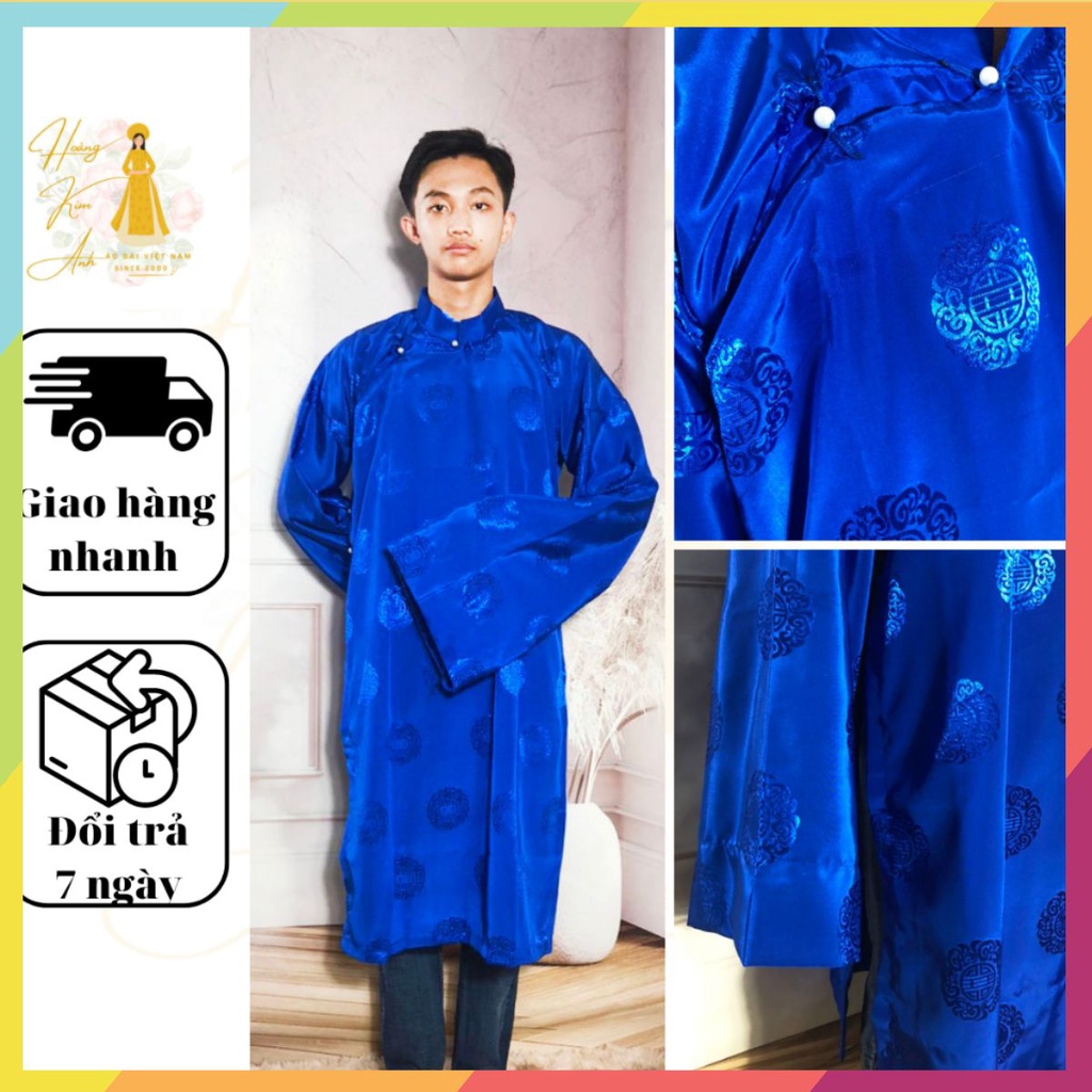Áo dài nam truyền thống Thái Tuán kèm khăn đống mấn đội đầu tay loe rộng mặc cúng lễ đình chùa màu Xanh vải đẹp