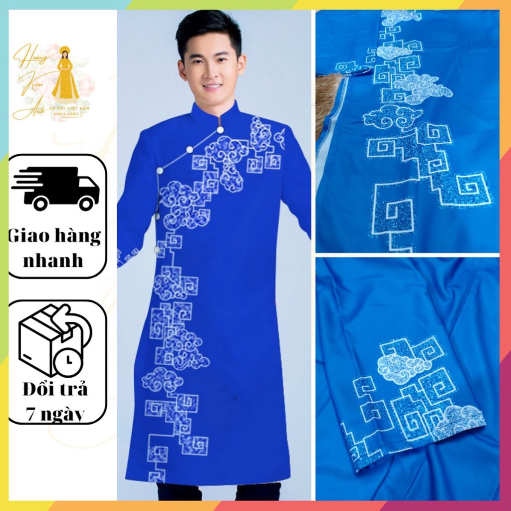 Áo dài nam cách tân " Phong Cách Việt " thiết kế họa tiết hoa văn truyền thống - Áo dài nam truyền thống màu Xanh Trắng
