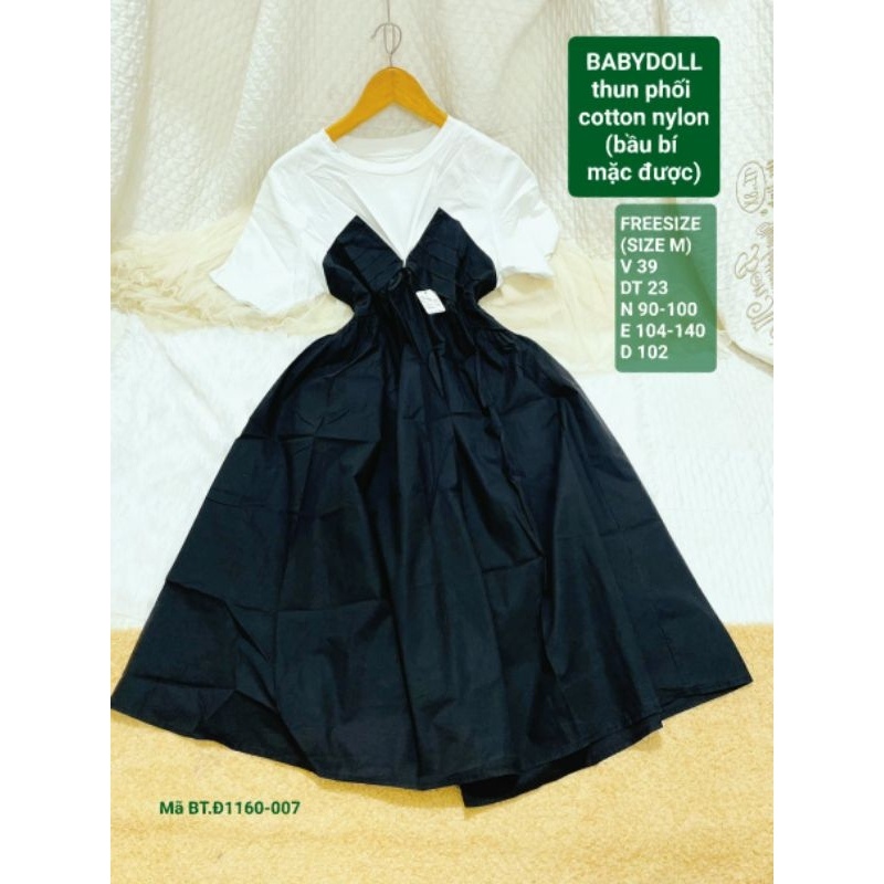 Đầm babydoll, thun phối cotton nylon 1 lớp, dày dặn, mới 94%, freesize, 1160