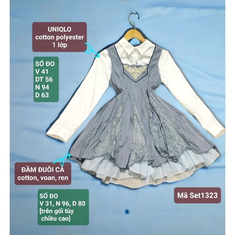 Bộ/Set sơ mi cotton trắng, đầm đuôi cá, 1323
