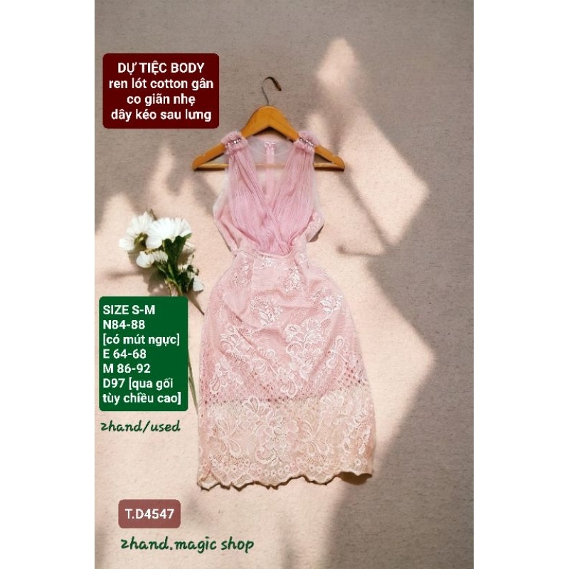 Đầm/Váy body, dự tiệc, màu hồng nhạt, ren lót cotton gân co giãn, mới 96%, SIZE S-M, 4547