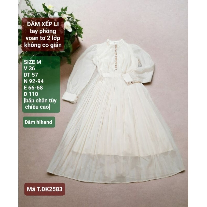 Đầm xếp li, tay phồng, màu kem, voan tơ 2 lớp, mới 96%, SIZE M, 2583