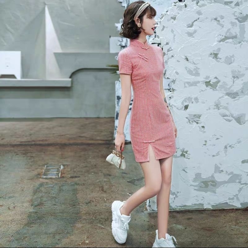 SƯỜN XÁM, body xẻ tà, caro hồng nhạt, cotton 1 lớp, không co giãn, mới 94%, SIZE M, 2710