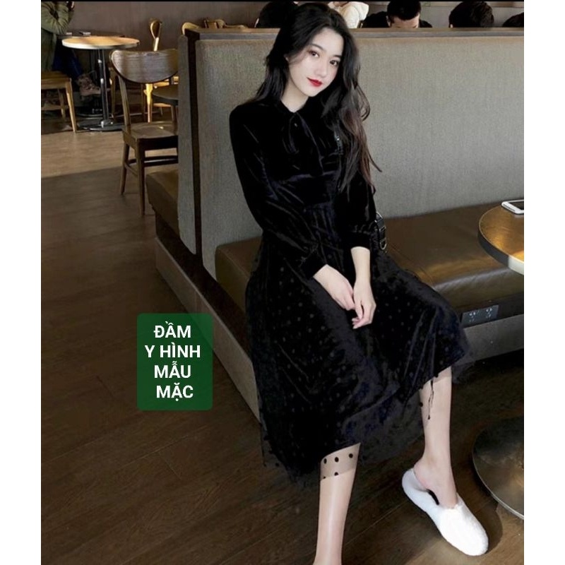 Đầm babydoll thắt nơ, tuyết nhung phối lưới chấm bi, màu đen, mới 94%, bigsize, 1689