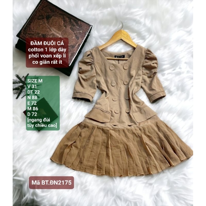 Đầm đuôi cá, xếp li, cotton phối voan, mới 94%, SIZE M, 2175