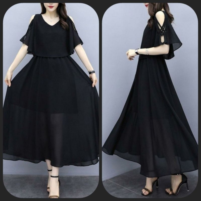 Maxi croptop rớt vai, màu đen, voan dún lót thun lụa, mới 96%, SIZE M-L, 2107