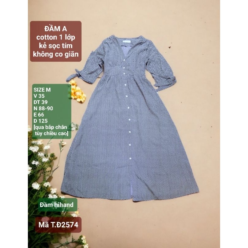 Đầm sơ mi, form A dài, cotton 1 lớp, kẻ sọc màu tím, mới 96%, SIZE M, 2574