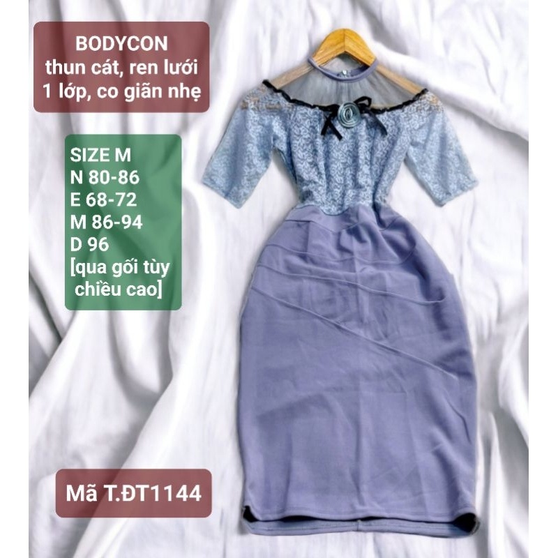 Đầm body, thun cát phối ren lưới 1 lớp, mới 93%, size M, 1144