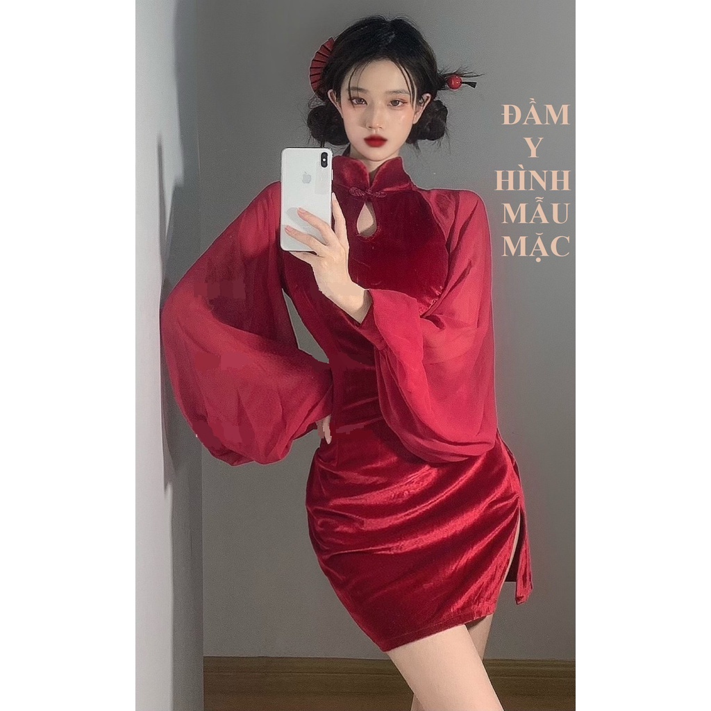 Đầm ôm tay phồng cổ Trung Hoa, chất nhung co giãn dày dặn, hàng mới 100%, hàng thiết kế