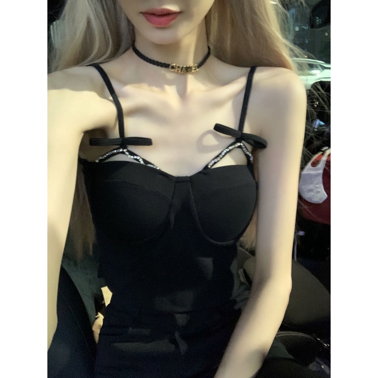 Jiashucheng Áo Hai Dây Ngắn Ôm Dáng Có Đệm Ngực Đính Hạt Phong Cách Sang Trọng Quyến Rũ Dành Cho Nữ