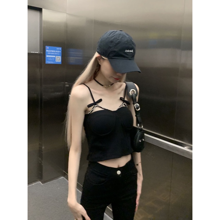 Jiashucheng Áo Hai Dây Ngắn Ôm Dáng Có Đệm Ngực Đính Hạt Phong Cách Sang Trọng Quyến Rũ Dành Cho Nữ