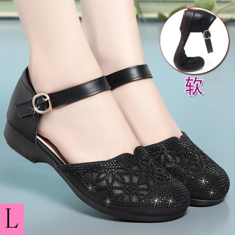 Giày Sandal Da Bò Đế Bằng Phối Lưới Thời Trang Mùa Hè Cho Nữ Trung Niên