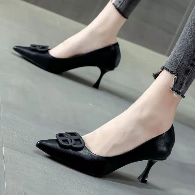 Giày Cao Gót Mũi Nhọn Màu Đen Phong Cách Pháp Thời Trang Xuân Thu 2022 Sang Trọng Cho Nữ
