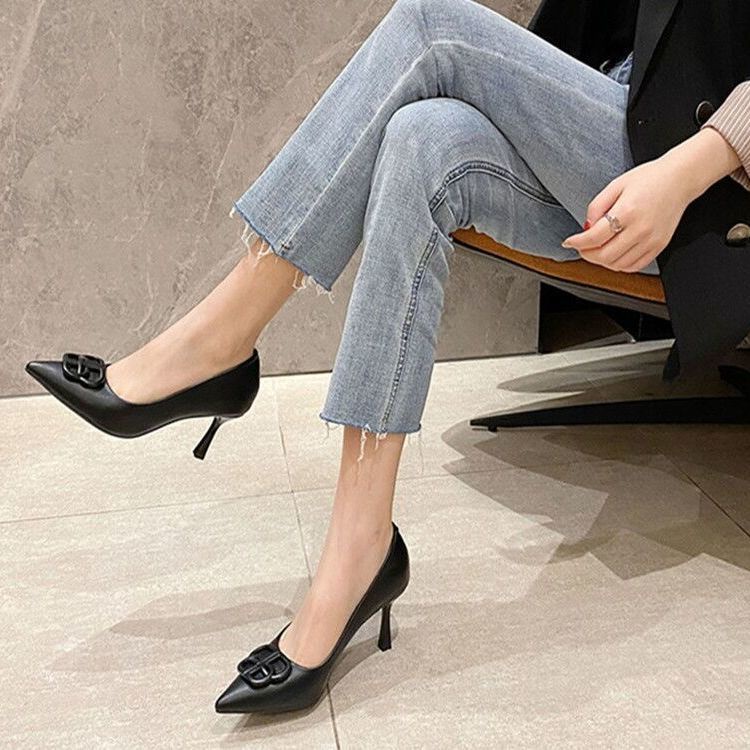 Giày Cao Gót Mũi Nhọn Màu Đen Phong Cách Pháp Thời Trang Xuân Thu 2022 Sang Trọng Cho Nữ