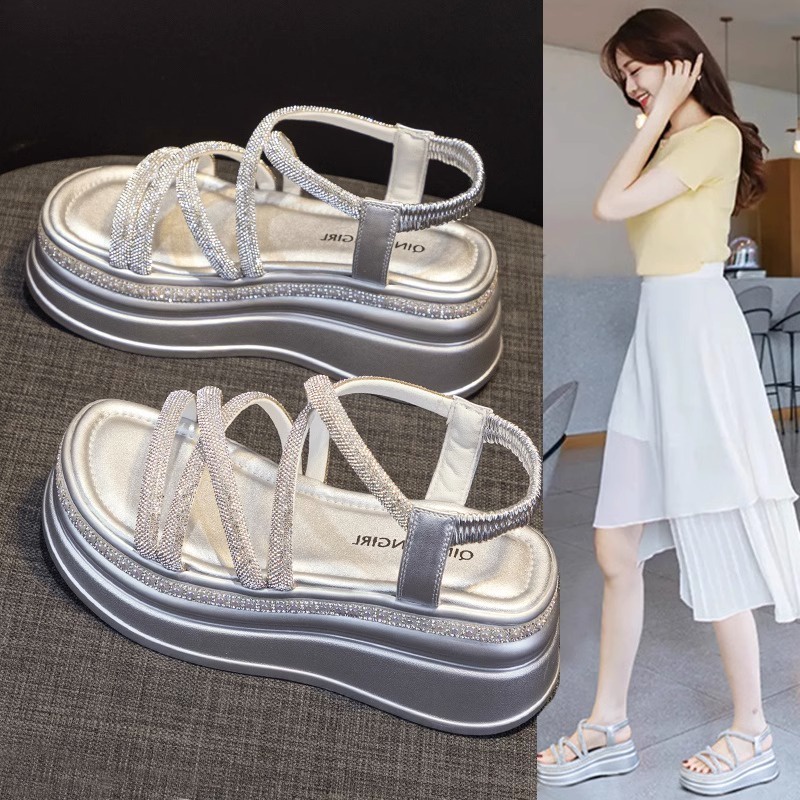 Sandal Đế Xuồng Dày Dặn Đính Đá Phong Cách Mới Mùa Hè 2023 Cho Nữ